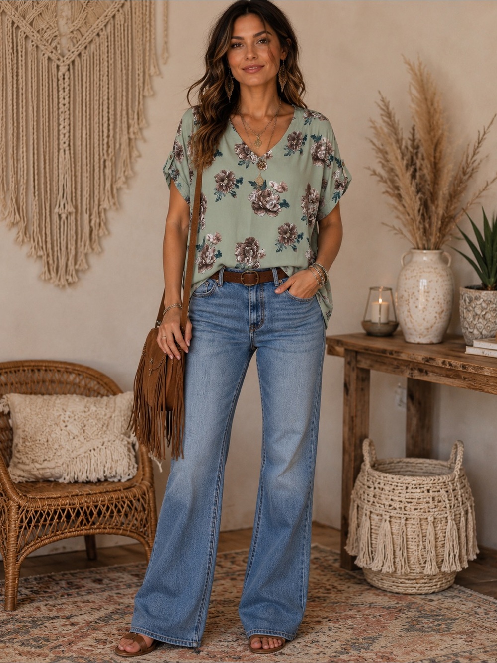 Charmed Sage Green Floral Blouse Roll Tab Sleeve V Neck Lightweight Top XL